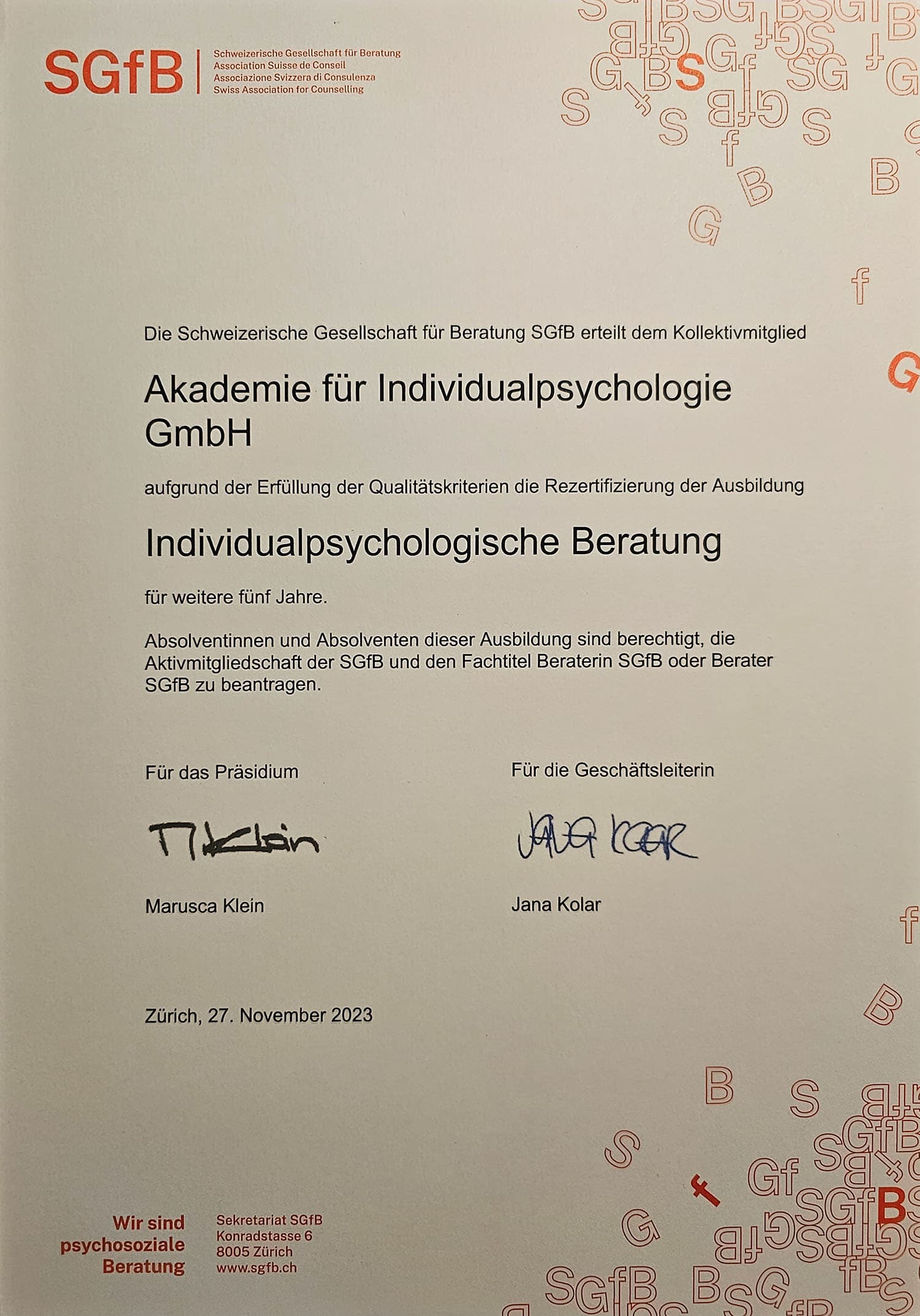 «Rezertifizierung klar, Qualitätsstandard optimal erreicht.»